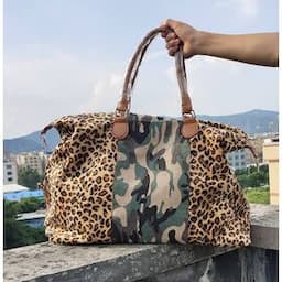 Women Leopard Travel Bags Striped Camouflage Flower Zipper Canvas Duffel Large Capacity Weekend Bag