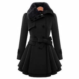 Women's Winter Fashion Faux Fur Lapel Double-Breasted Trench Coat Thick Wool Parka Coat