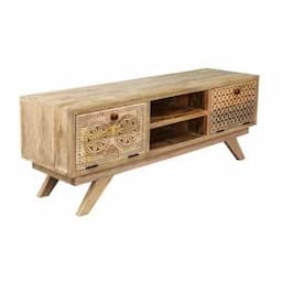 Indian Handcrafted Mango Wood TV Stand Distressed White Finish Wooden Media Unit Storage Box For Home & Living Room Furniture