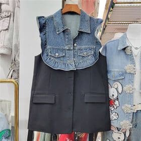 Wholesale 2023 Spring New Fake Two Piece Stitching Denim Wood Ear Edge Contrast Design Feel Casual Women's Vest