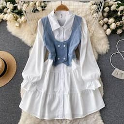 Wholesale 2023 Spring Elegant Temperament Luxury Style White Shirt Dress Short Denim Vest Women's Set