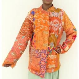 Orange Hand Embroidered Sari Patchwork Kantha Jacket Design Cotton Kantha Coat Handmade Women's Floral Jackets Full Eco-friendly