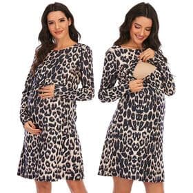 Rts Maternity Crew Neck Dress Women Leopard Long Sleeve Dress Pregnant Woman ClothesPopular