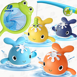 Magnetic Fishing Bath Toy for Toddlers Fishing Net Baby Bathtub Toys Wind-Up Whale Water Shower Toy and Fishing Pole