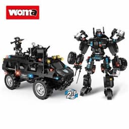 Woma Toy Wholesale Custom 2 in 1 Swat Corps Robot Car Plastic Small Bricks Building Block Anti Riot Armored Vehicle Set Puzzle Game Toy