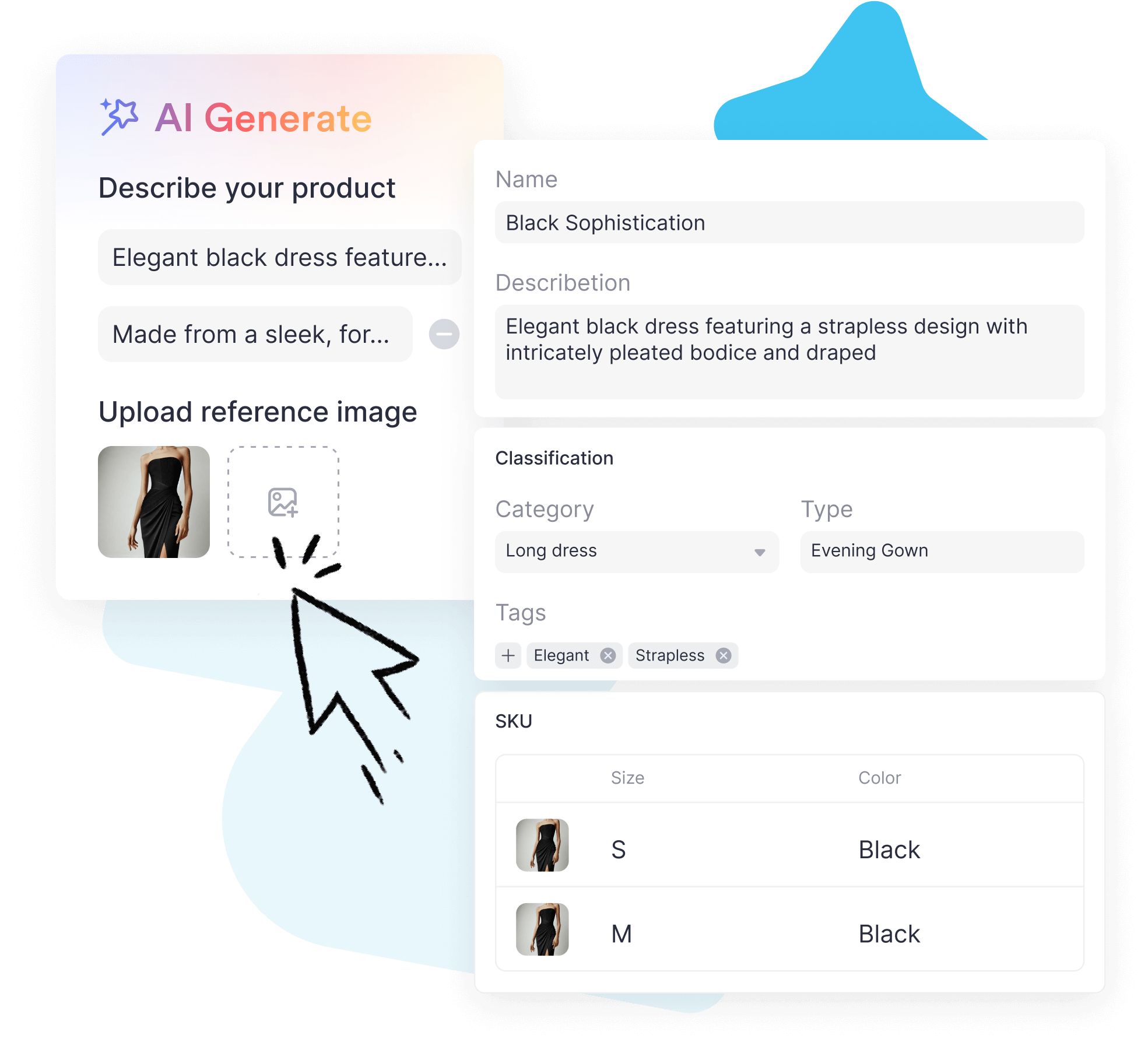 Generate detailed product information, including colors, sizes, and images, with SourceReady’s AI tool using simple descriptions or collected data.